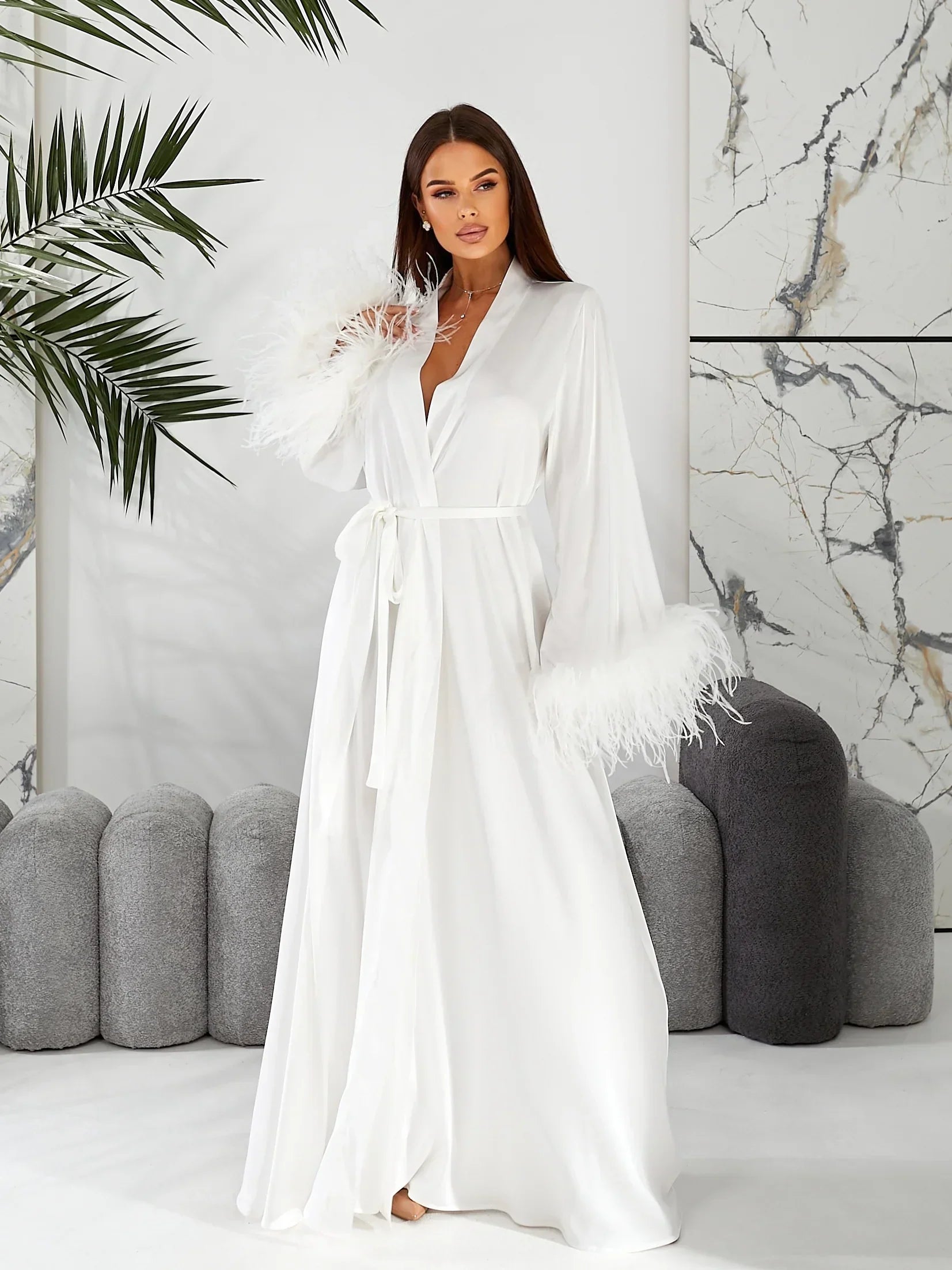 White silk bridal robe with feather cuffs, perfect for wedding morning elegance