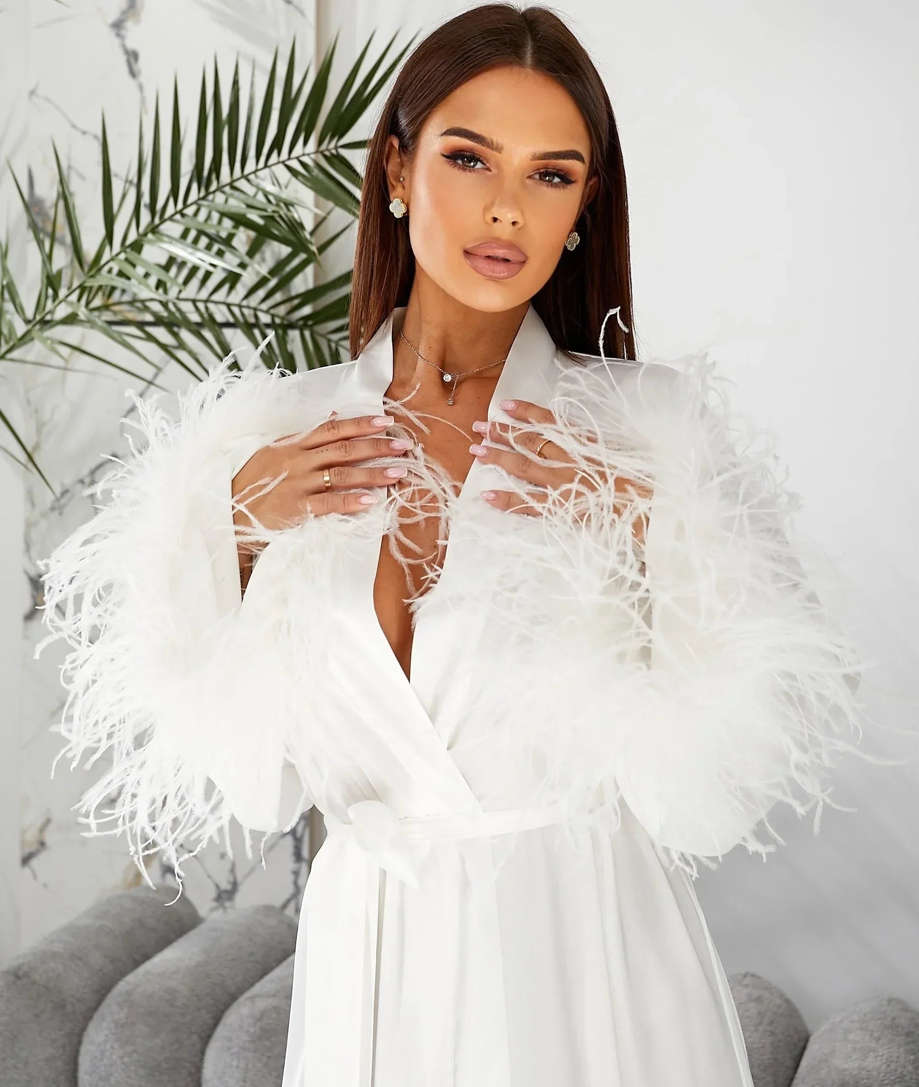 White silk bridal robe with feather trim, perfect for wedding morning elegance