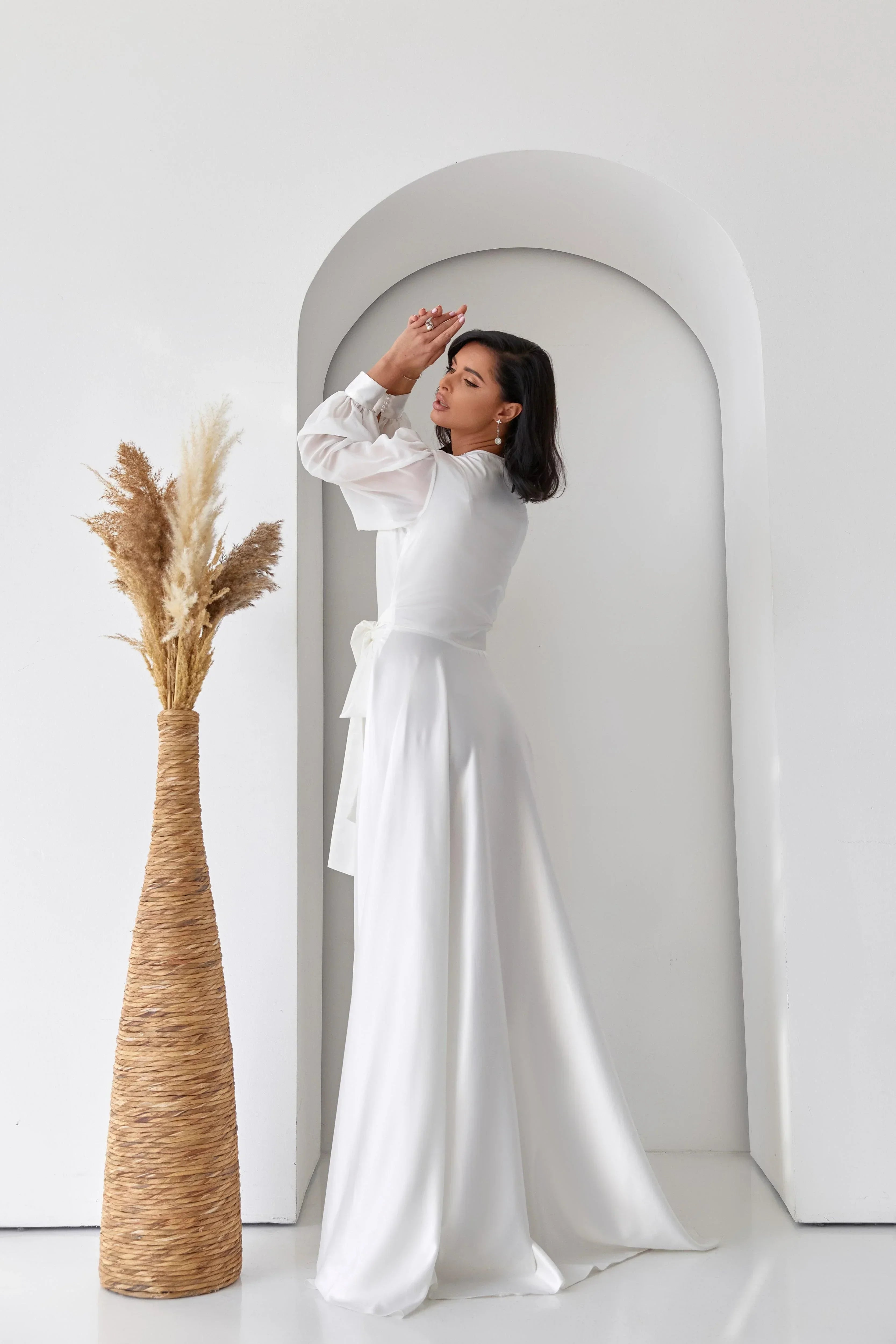 White silk bridal robe with sheer sleeves, perfect for wedding morning elegance