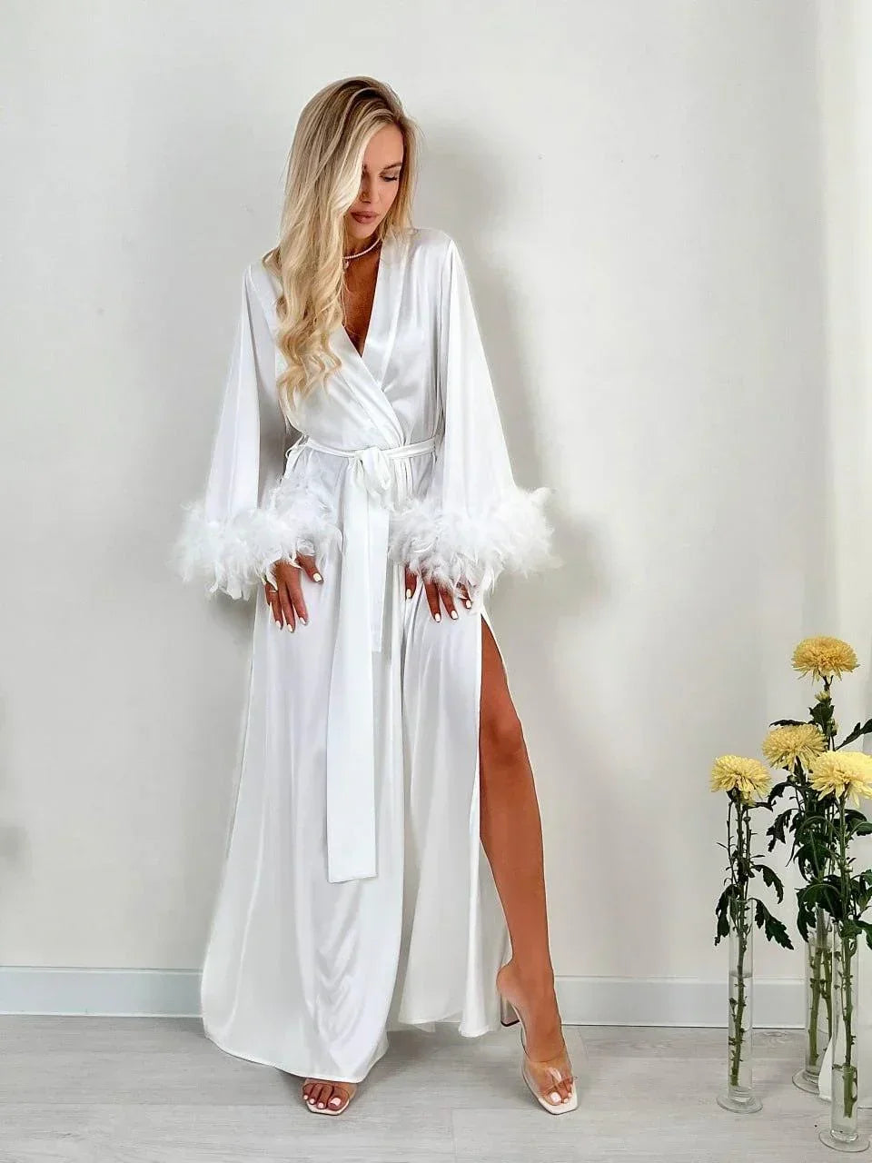 White silk bridal robe with feather cuffs for wedding morning, floor-length elegant design