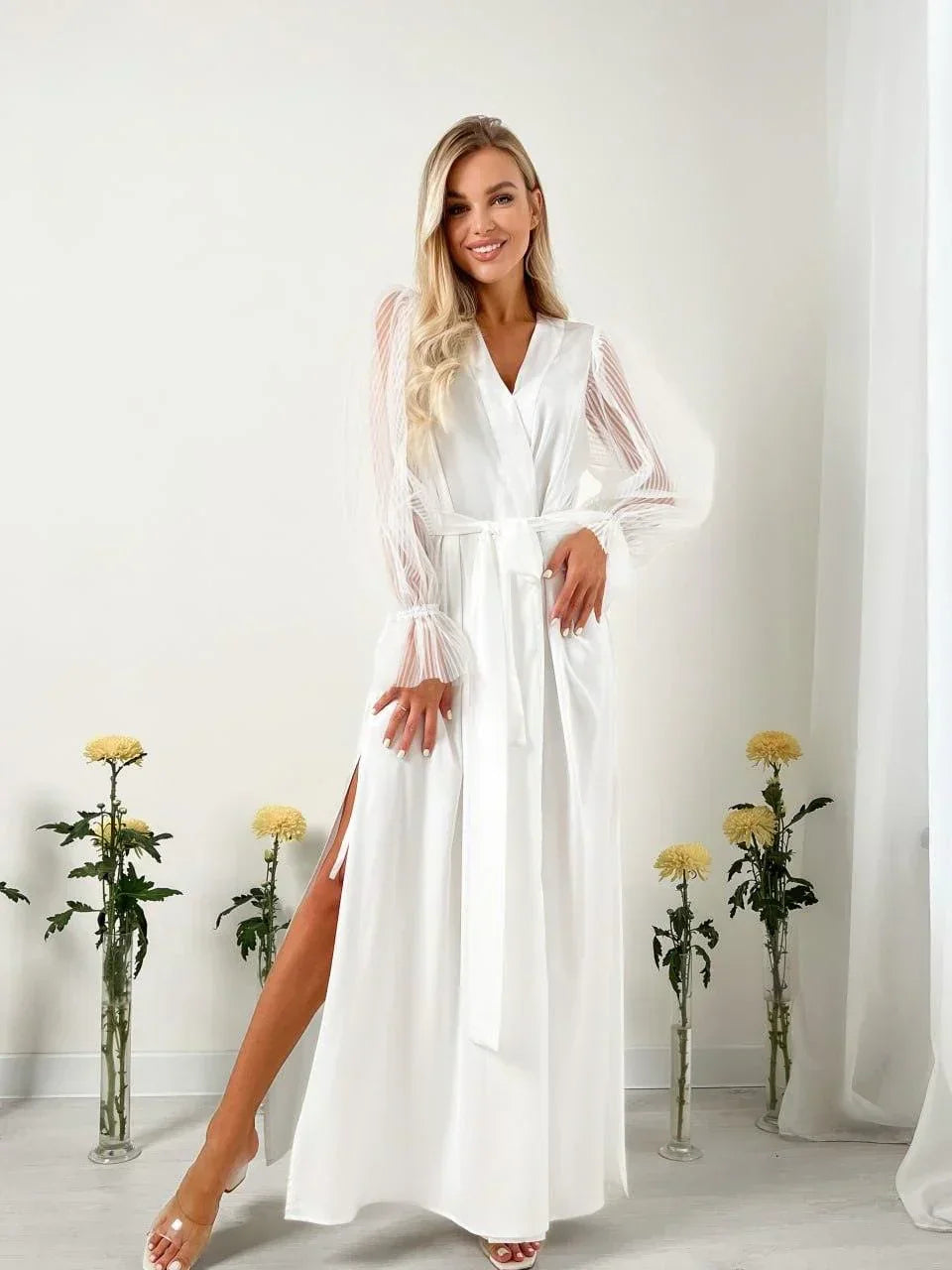 White silk bridal robe with sheer lace sleeves, perfect for wedding morning, elegant setting