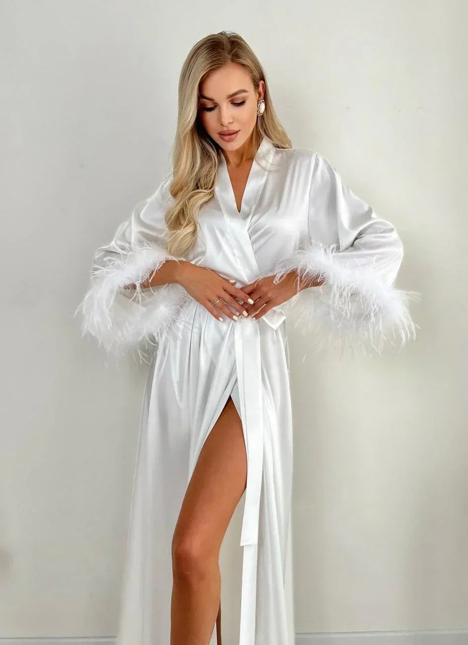 White silk bridal robe with feather trim, perfect for wedding morning or bridal photoshoot.