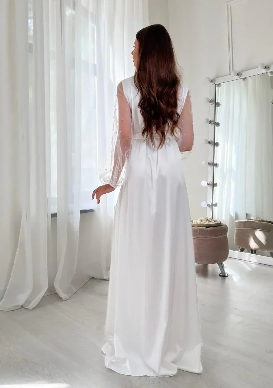 White silk bridal robe with sheer pearl sleeves, perfect for wedding morning elegance