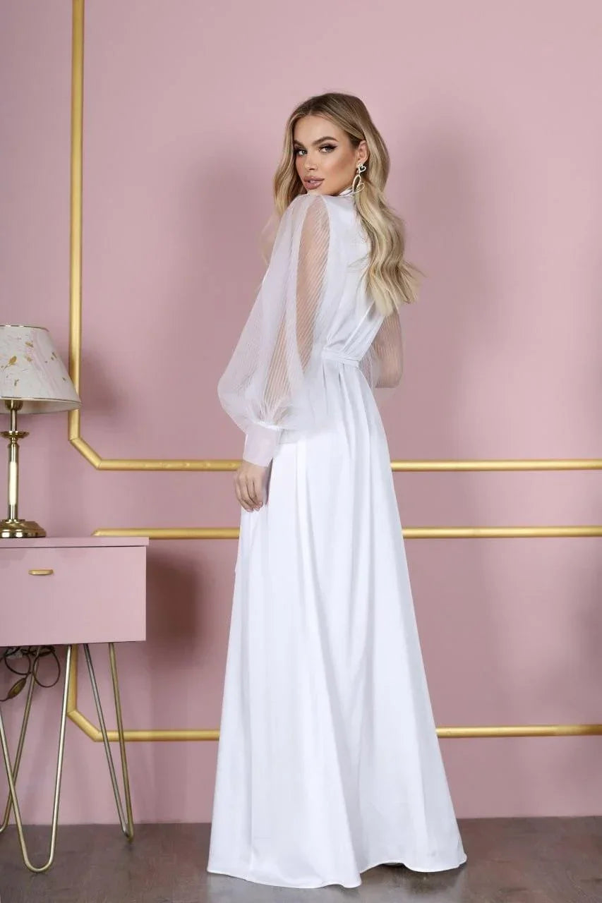 White silk bridal robe with sheer lace sleeves for wedding morning, elegant and handcrafted